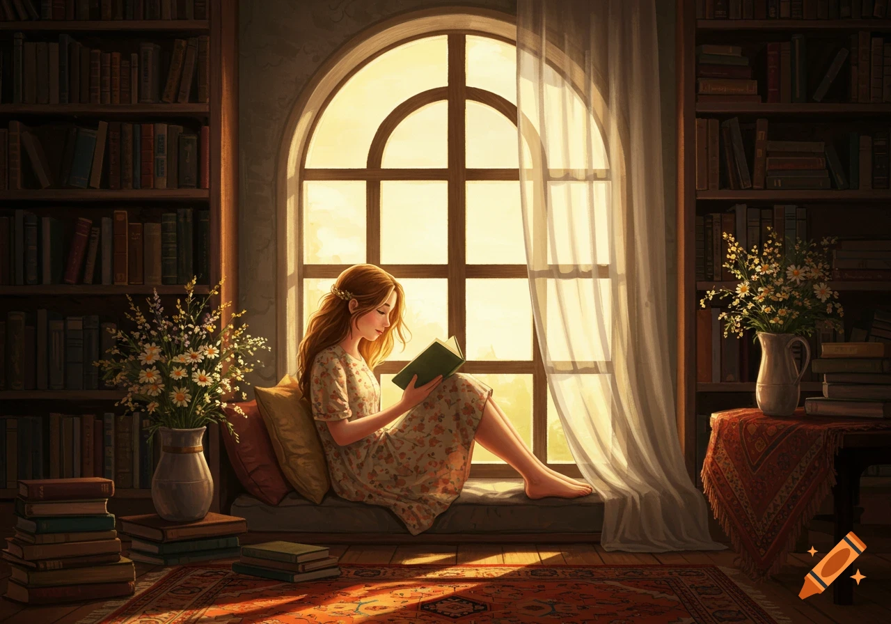 A woman with long red hair reads a book by a large arched window in a cozy room filled with bookshelves, bathed in golden sunlight.