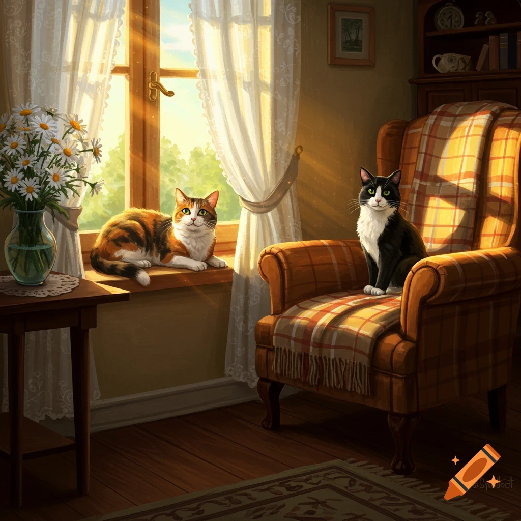 A calico cat lies on a sunlit windowsill next to a vase of daisies, while a black and white cat sits on a plaid armchair in a cozy room.