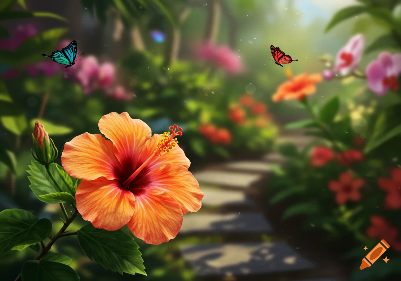 Close-up of a vibrant orange hibiscus flower with a blue and a red butterfly flying in a lush, blurred garden path.