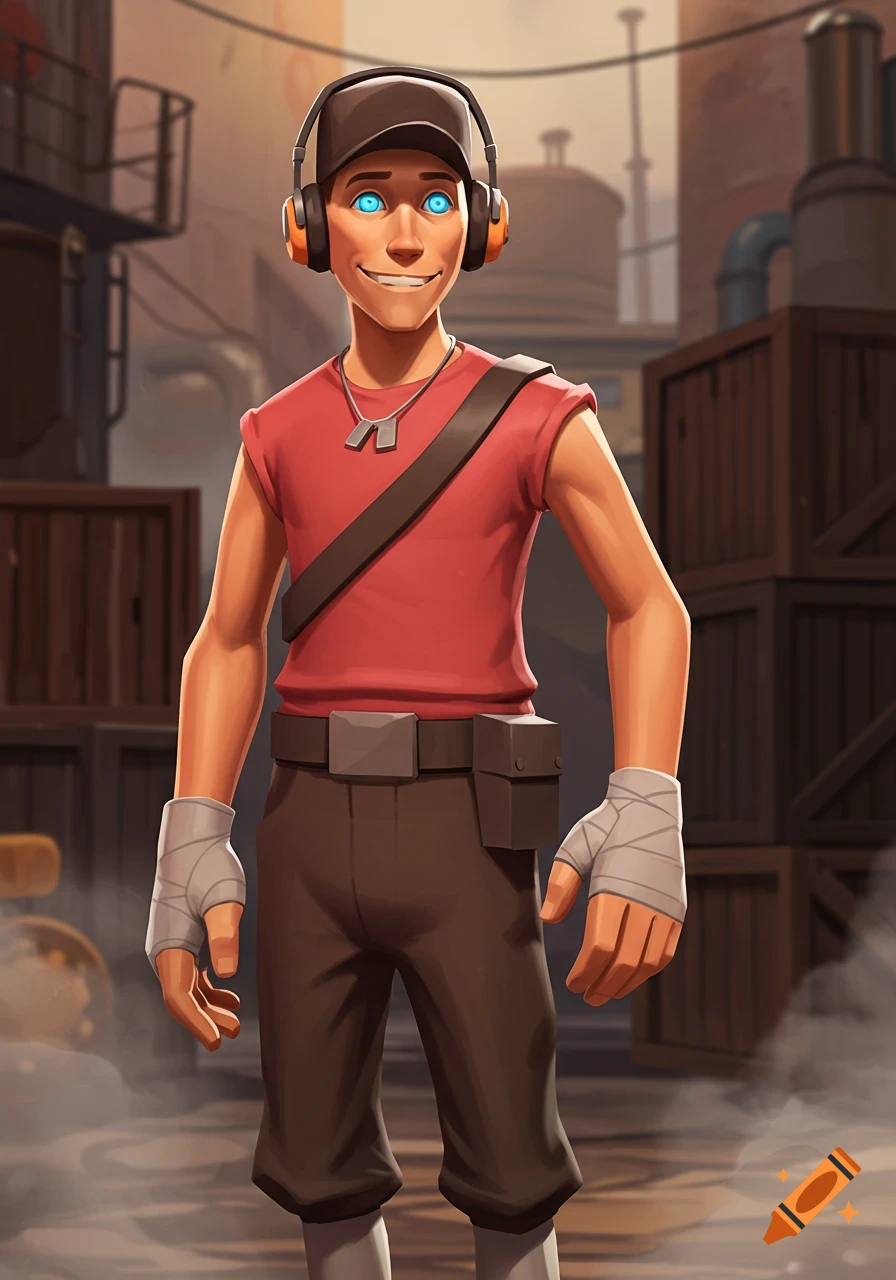 Team Fortress 2 Scout character with glowing blue eyes, wearing a red shirt and cap, standing in an industrial setting.
