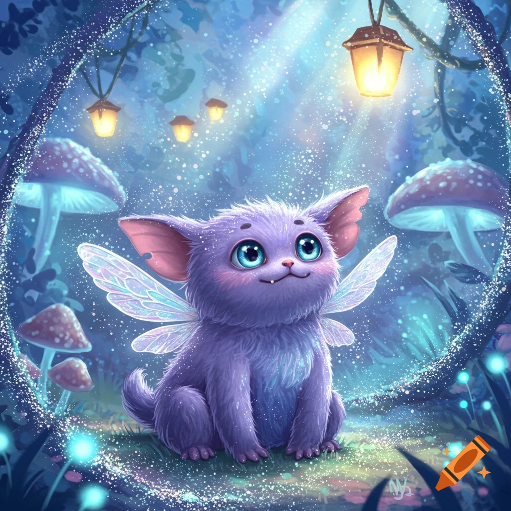 A cute purple fuzzy creature with large blue eyes and translucent fairy wings sits in a glowing blue magical forest with mushrooms and lanterns.