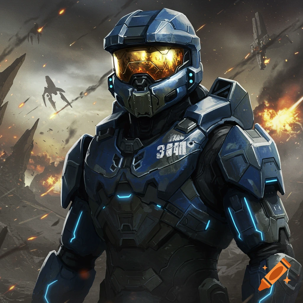 A blue and grey armored Spartan-like soldier with an orange visor on a futuristic battlefield with explosions.