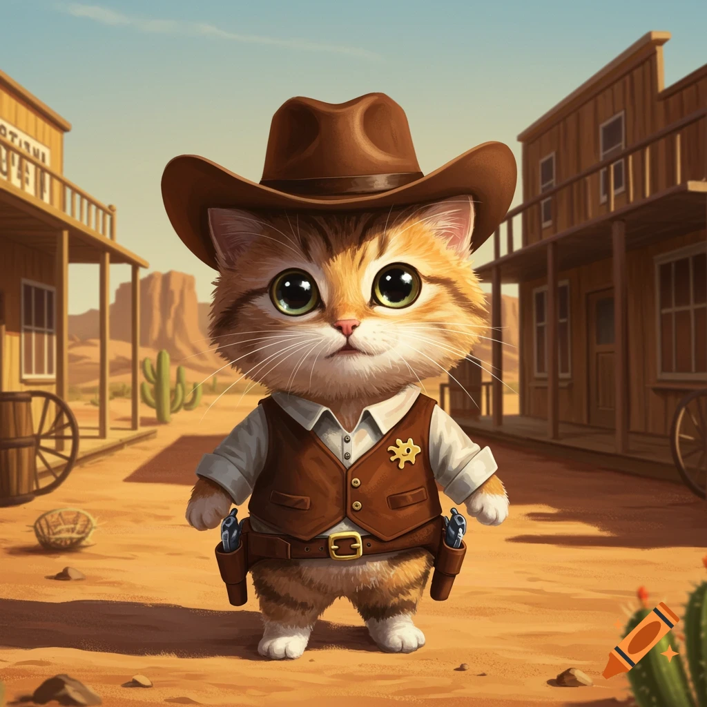 A cute fluffy kitten dressed as a cowboy stands in a dusty wild west town under a blue sky.