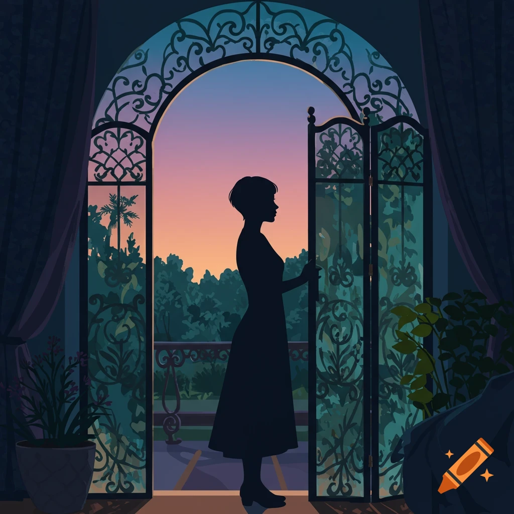 A silhouette of a short-haired woman stands by an arched ornate gate, looking out at a dusk garden and sunset in an illustrated style.