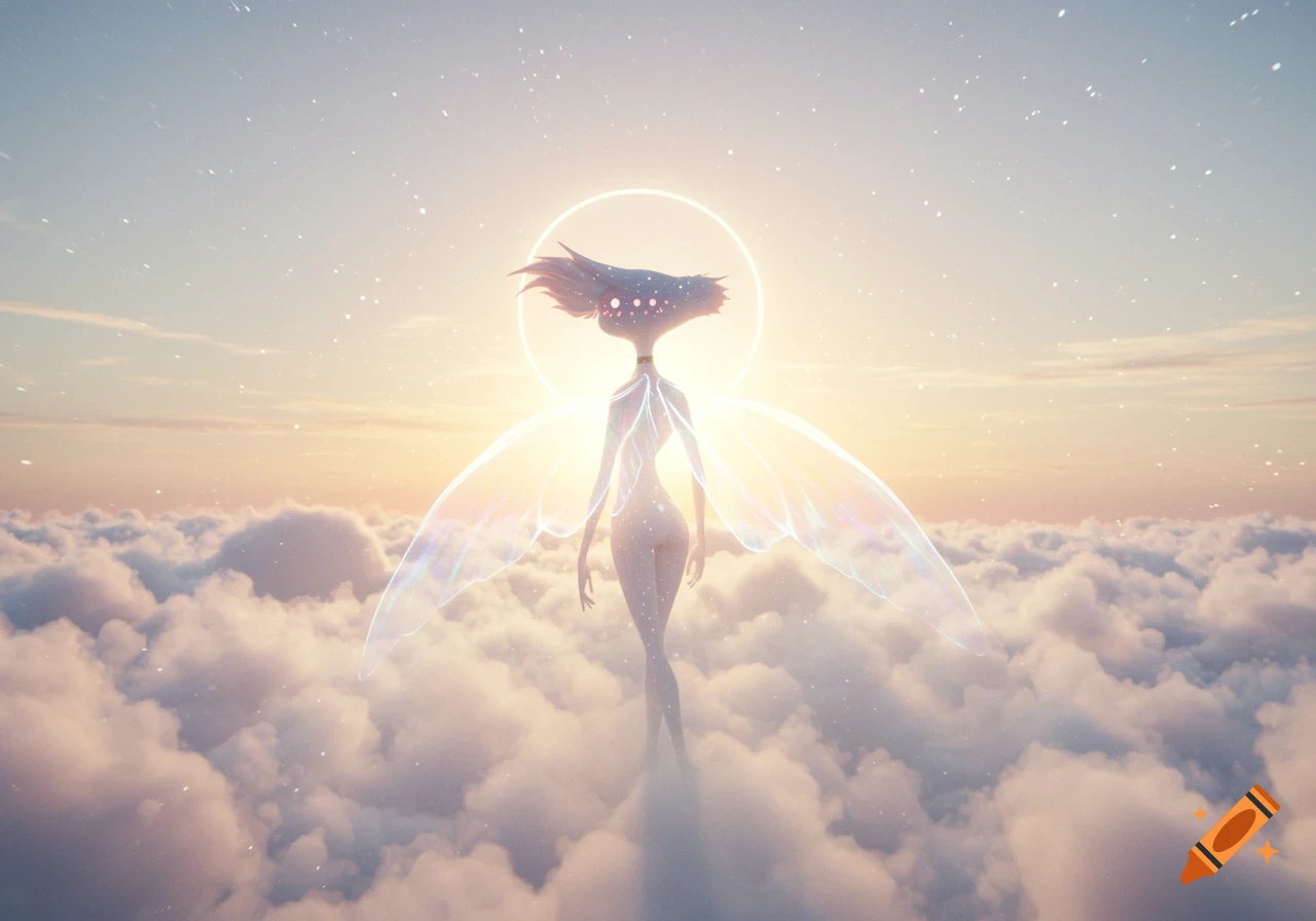 An ethereal, winged figure with an abstract head stands amidst clouds with a glowing halo and sun behind it, in a surreal style.