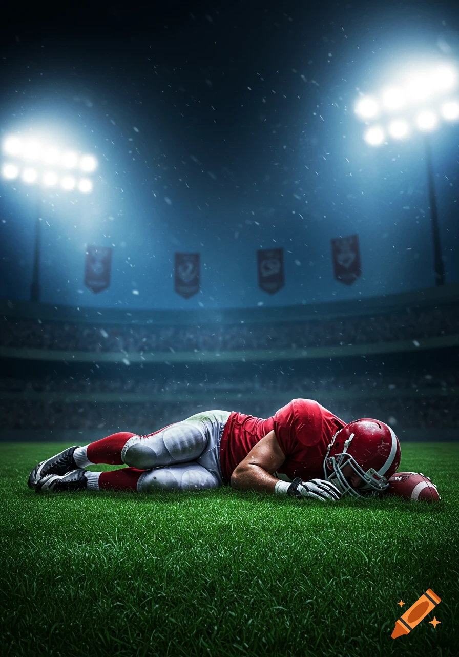 Photorealistic image of a football player in red uniform lying on a green field in a stadium at night with falling rain/snow.