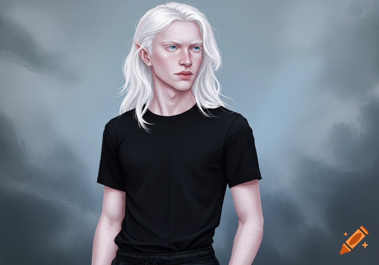 An albino male with white hair, pale skin, blue eyes, and pointed ears, wearing a black t-shirt and sweatpants, looking off to the right.