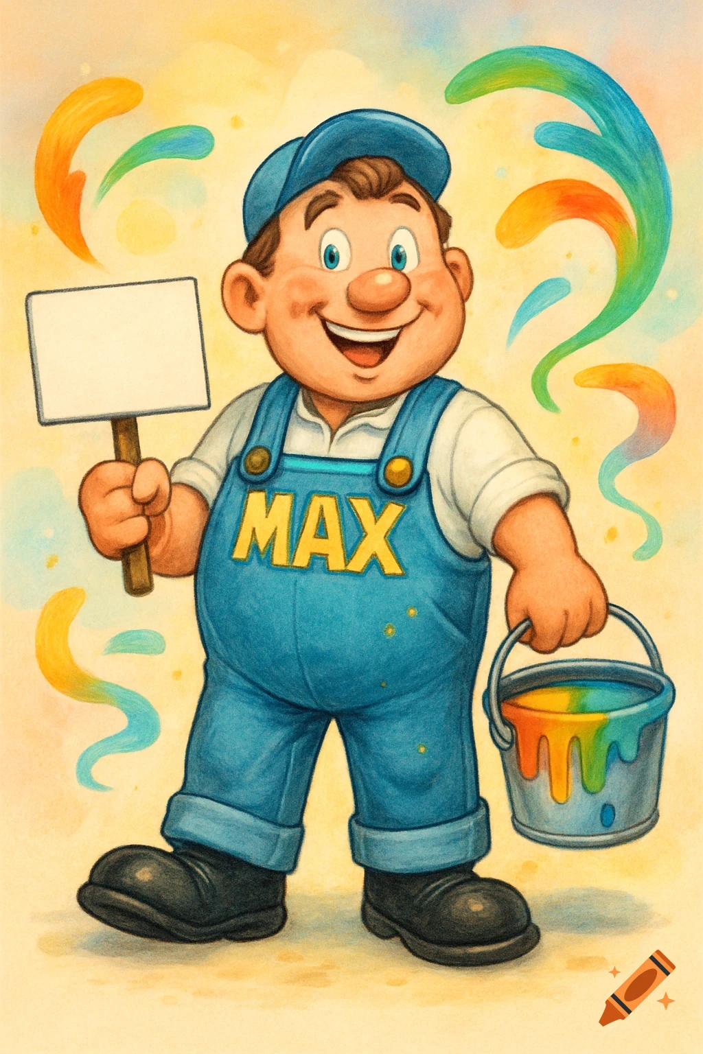 A smiling cartoon man in blue overalls with "MAX" on them, holding a blank white sign and a bucket of colorful paint.