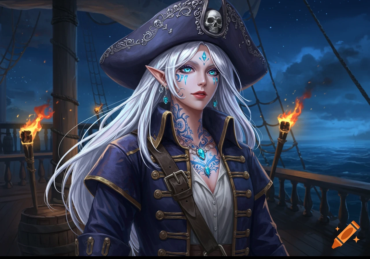 A fantasy illustration of a white-haired elf pirate captain with blue glowing eyes and tattoos, standing on a ship at night.
