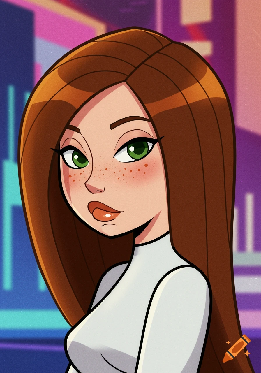 A Y2K cartoon-styled portrait of a girl with long brown hair, green eyes, freckles, and a white turtleneck top.