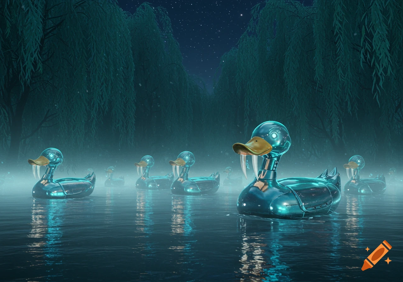 Robotic ducks with walrus tusks float on a misty lake at night, surrounded by dark trees under a starry sky.