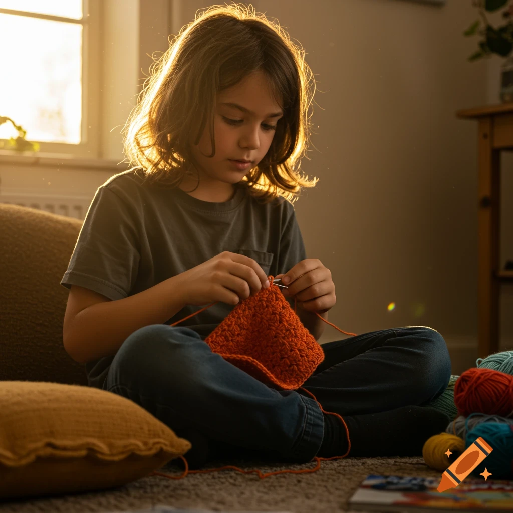 A young child with long brown hair intently crocheting an orange piece of yarn while sitting on a sunlit floor.