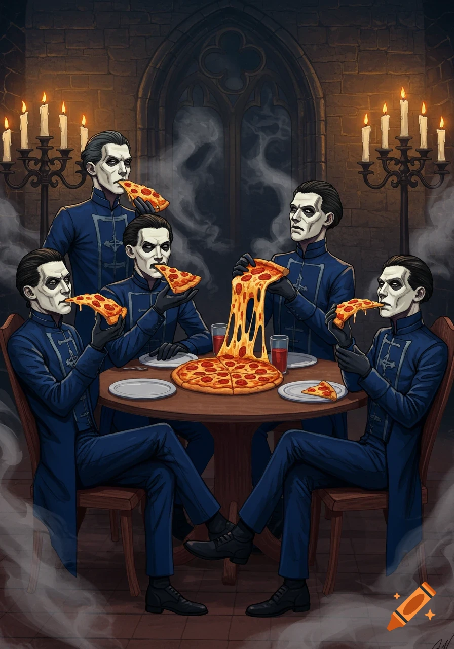An illustration of five figures in blue gothic robes and white, skull-like makeup, resembling the band Ghost, sitting around a table eating pizza in a dimly lit, stone-walled room with lit candles.