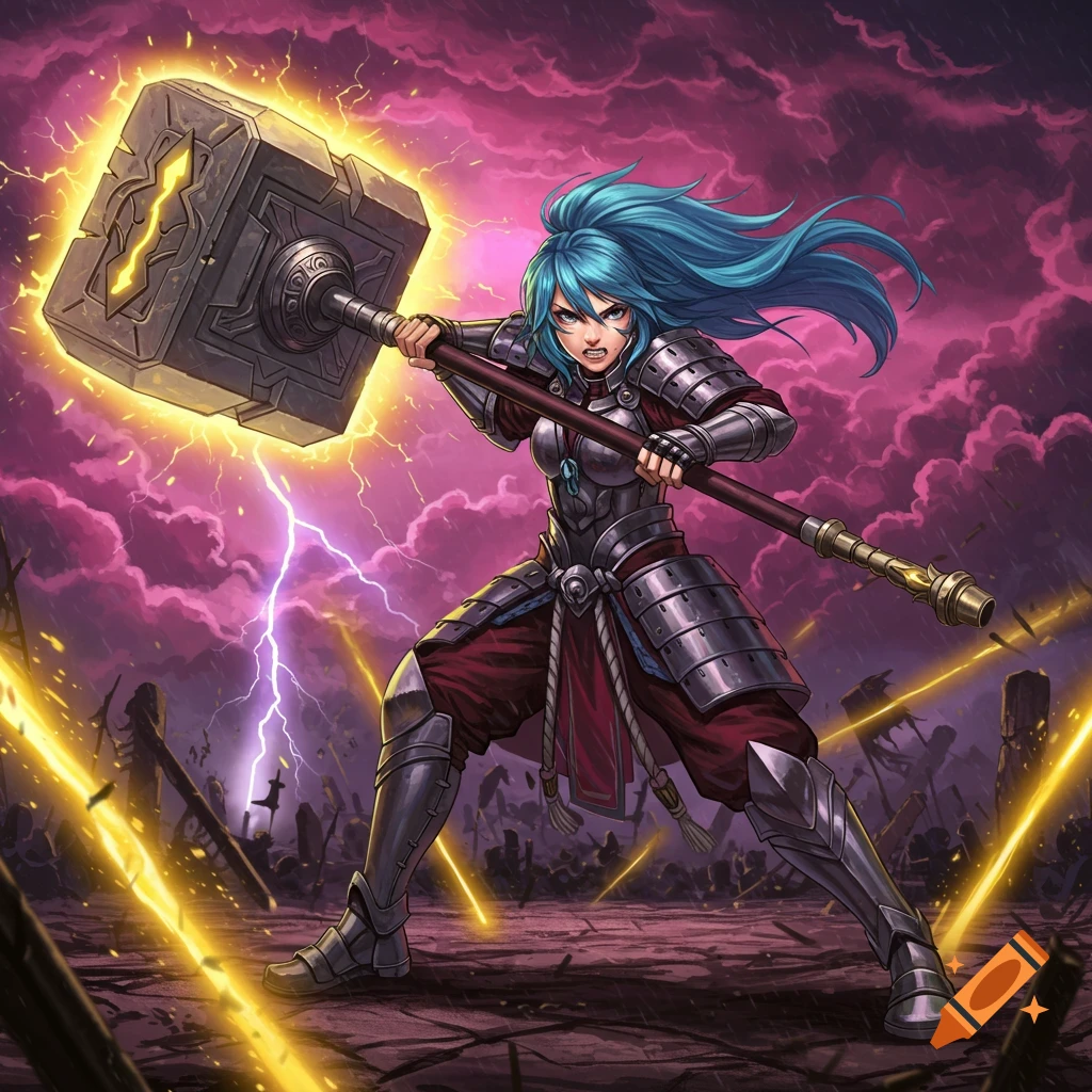 Anime female warrior with blue hair in armor wields a glowing hammer amidst a stormy, lightning-filled sky.