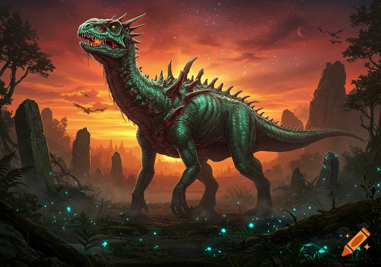 A mutated green dinosaur with spikes stands in a mystical landscape at sunset, surrounded by ancient stones and glowing blue flora.