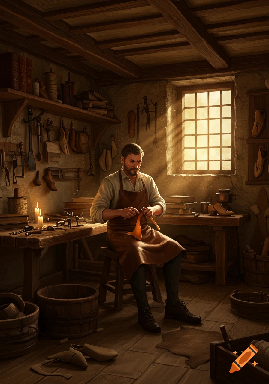 A man in a rustic 17th-century shoemaker's workshop, focused on crafting a shoe by candlelight, with sunlight filtering through a window.