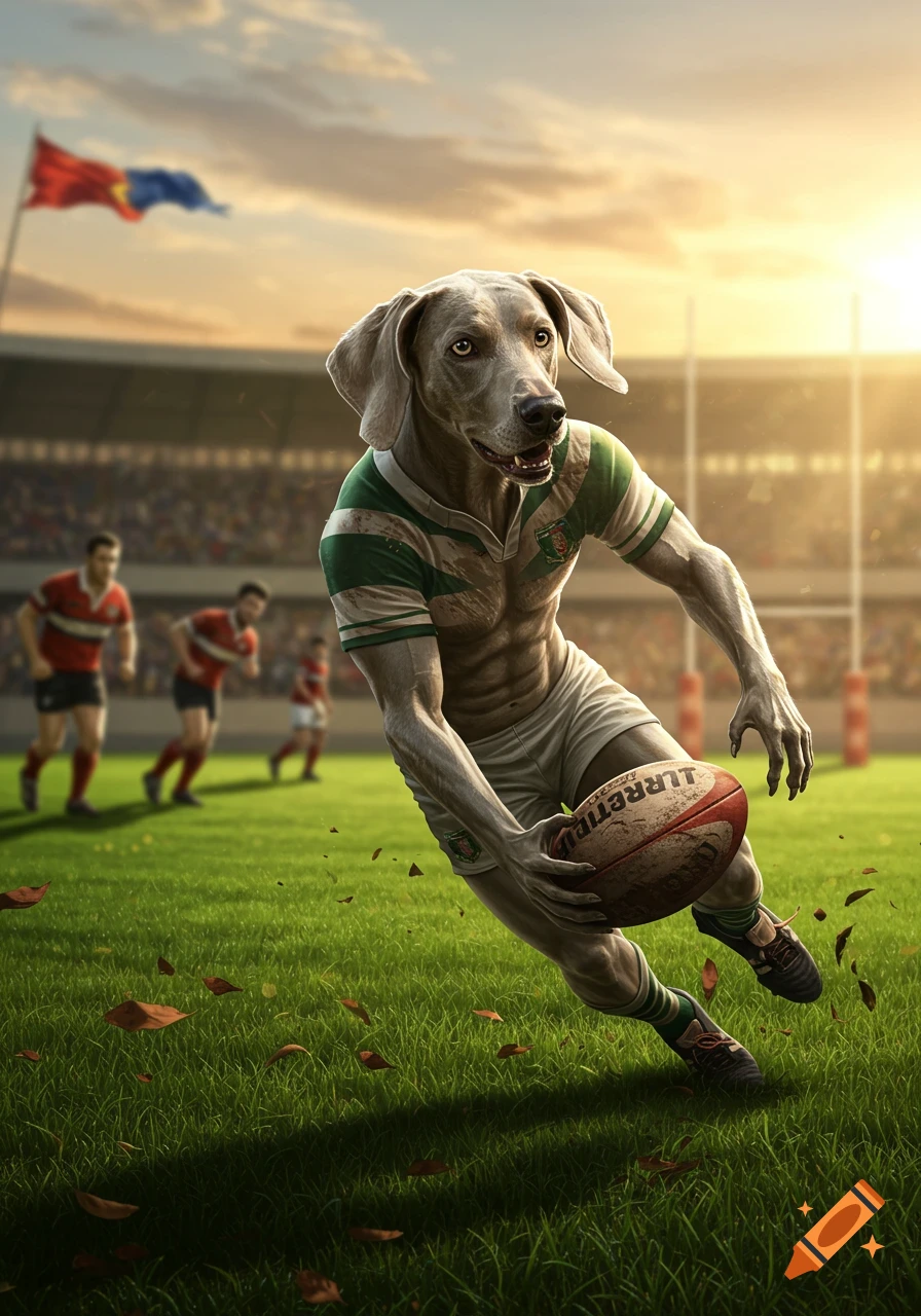 A photorealistic image of a Weimaraner dog with a muscular human-like body, wearing a rugby uniform, running on a rugby field with a ball in its hands. Other players are in the background.
