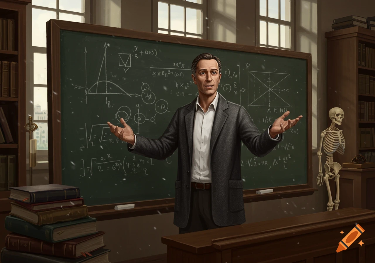 A male teacher with outstretched hands stands in front of a blackboard covered in mathematical equations in a classroom.