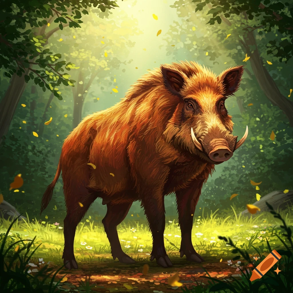 A brown wild boar stands in a sunlit forest with green trees and yellow leaves falling. Digital painting style.