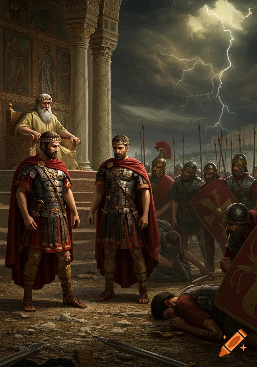 Two Roman-like soldiers stand before an elderly man on a throne as other soldiers gather under a stormy, lightning-filled sky.