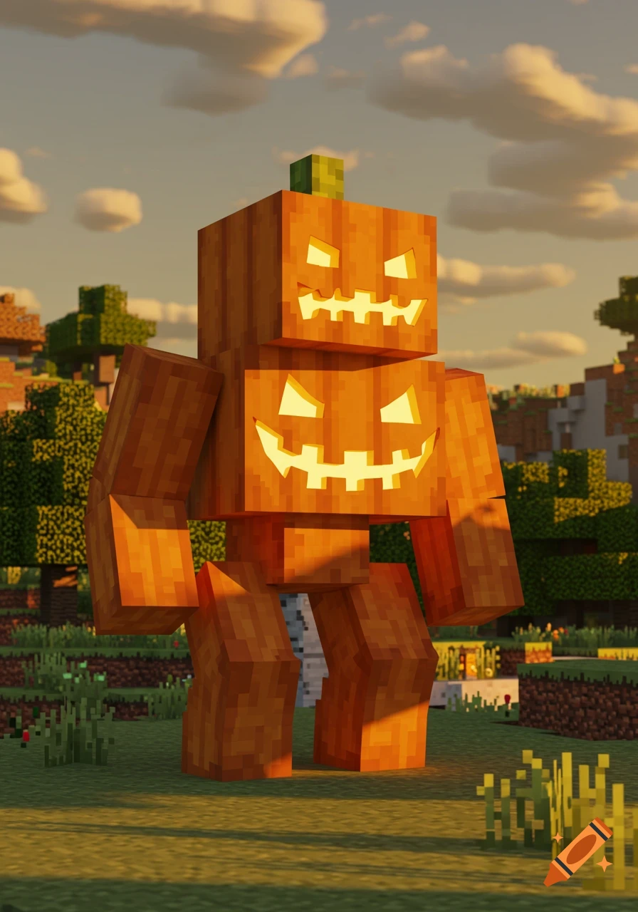 A blocky pumpkin golem with two jack-o'-lantern faces in a pixelated Minecraft-like landscape at sunset.