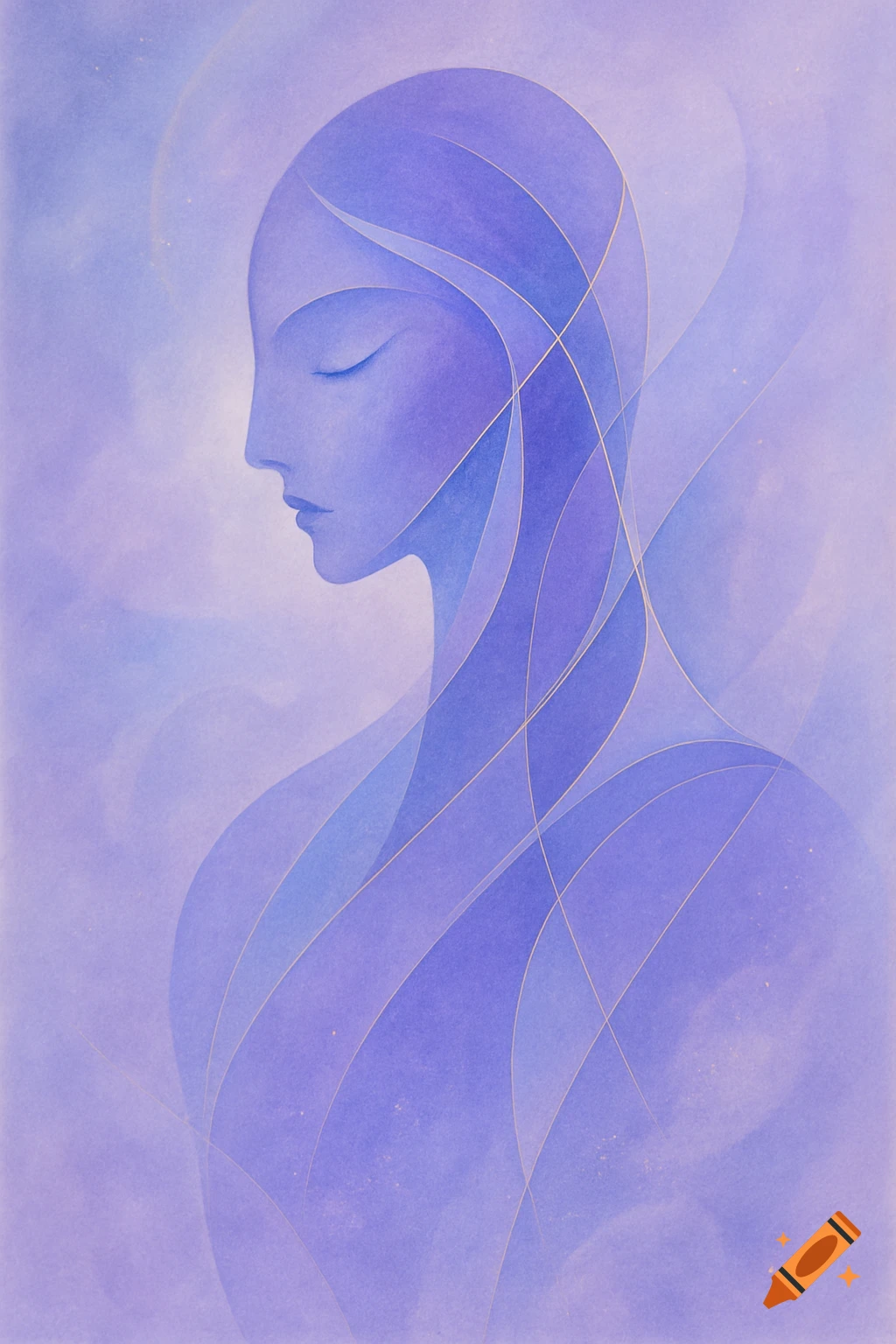A stylized profile portrait of a woman with closed eyes, composed of overlapping soft purple and blue shapes and thin gold lines.