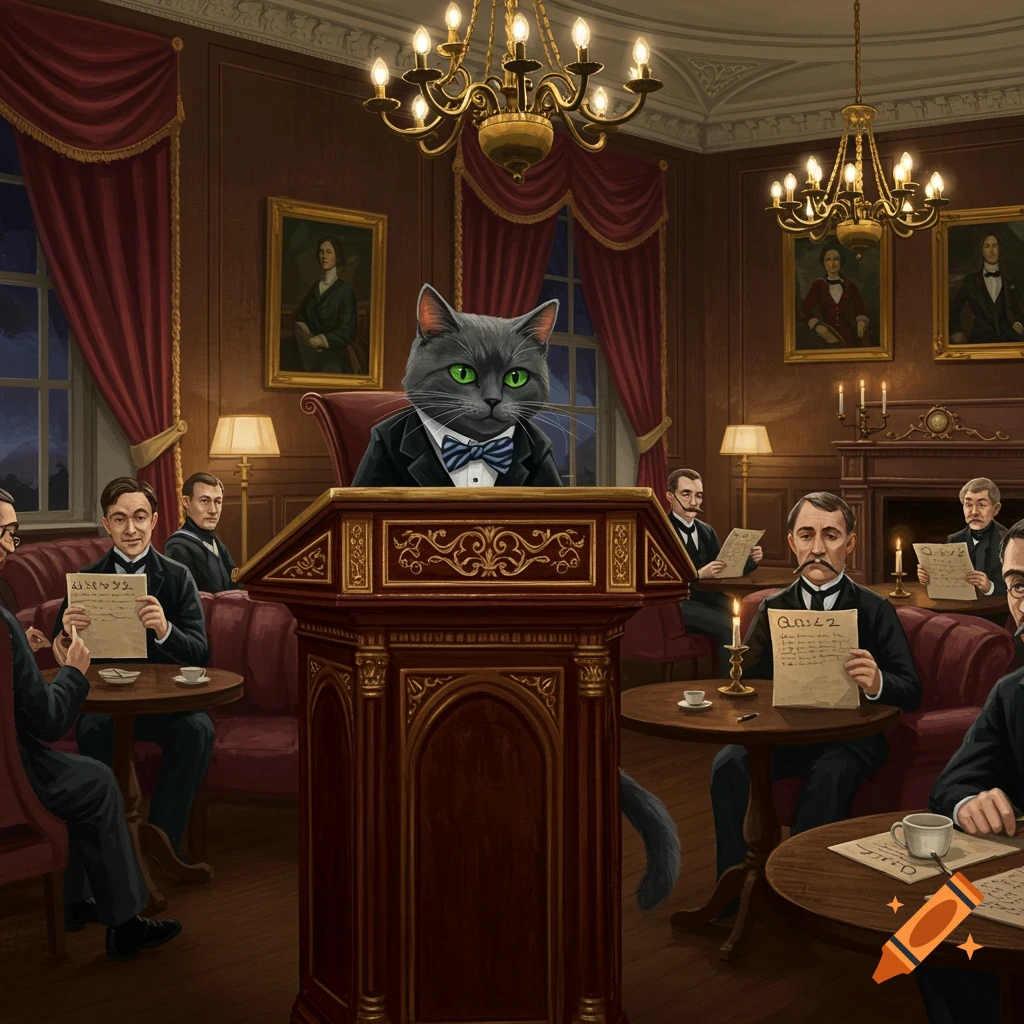 A dignified gray cat in a tuxedo stands at a podium in a lavish, wood-paneled club, addressing several men in suits holding papers.