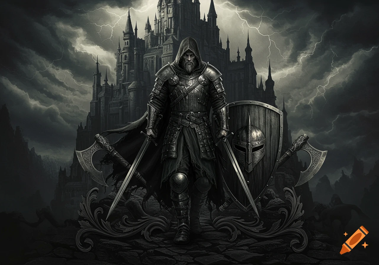 Heavily armored warrior stands with two swords, shield, and battle axes before a dark gothic castle under a lightning-filled sky.