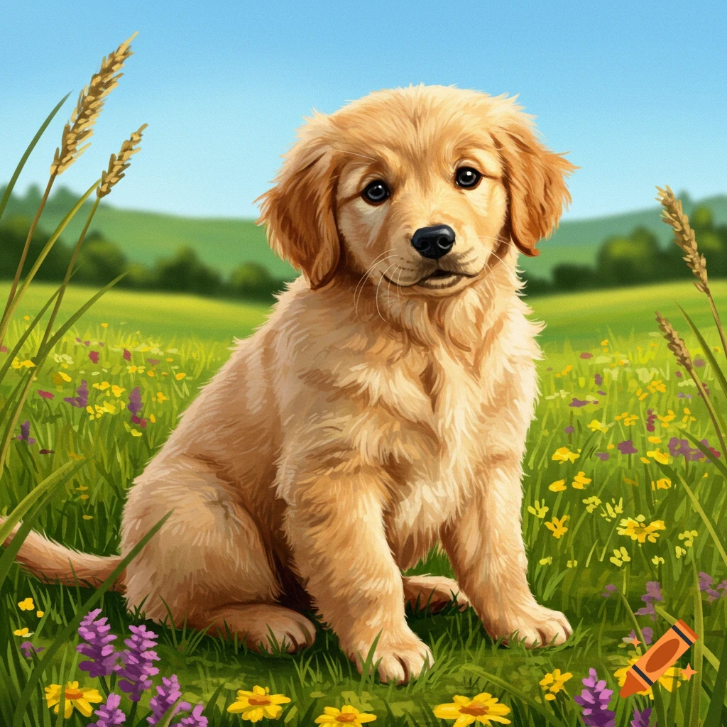 A golden retriever puppy sits in a field of green grass and colorful wildflowers under a blue sky.