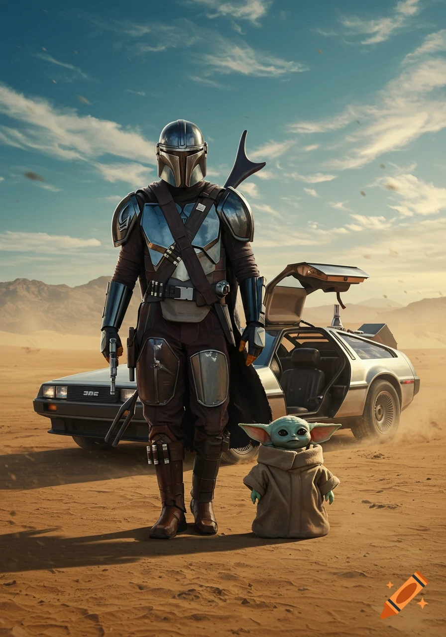 The Mandalorian and Grogu stand next to a silver DeLorean with open gull-wing doors in a dusty desert, a high-quality digital illustration.