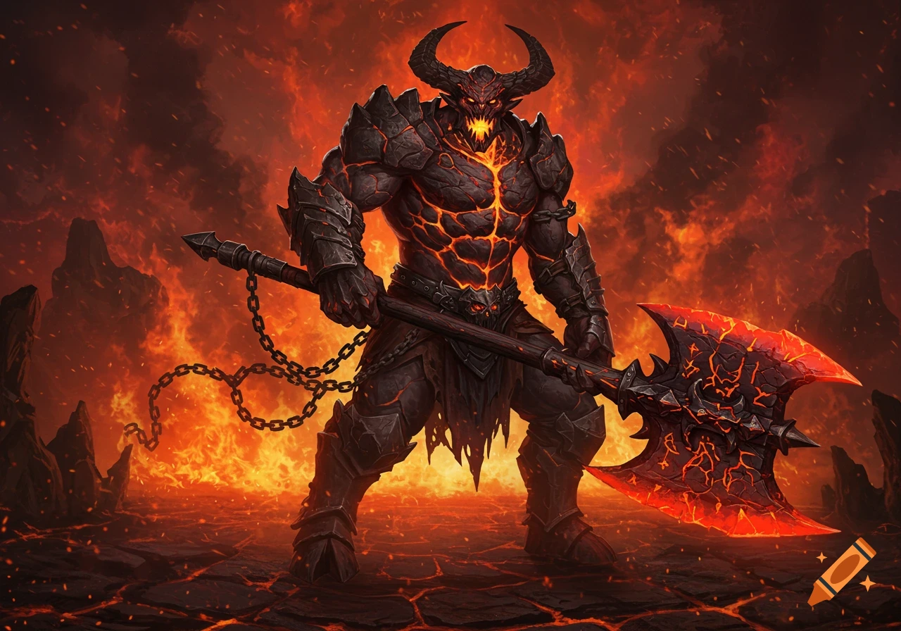 A muscular, horned demon with glowing magma-like cracks on its body and dark armor stands in a fiery volcanic landscape, wielding a large, glowing greataxe.