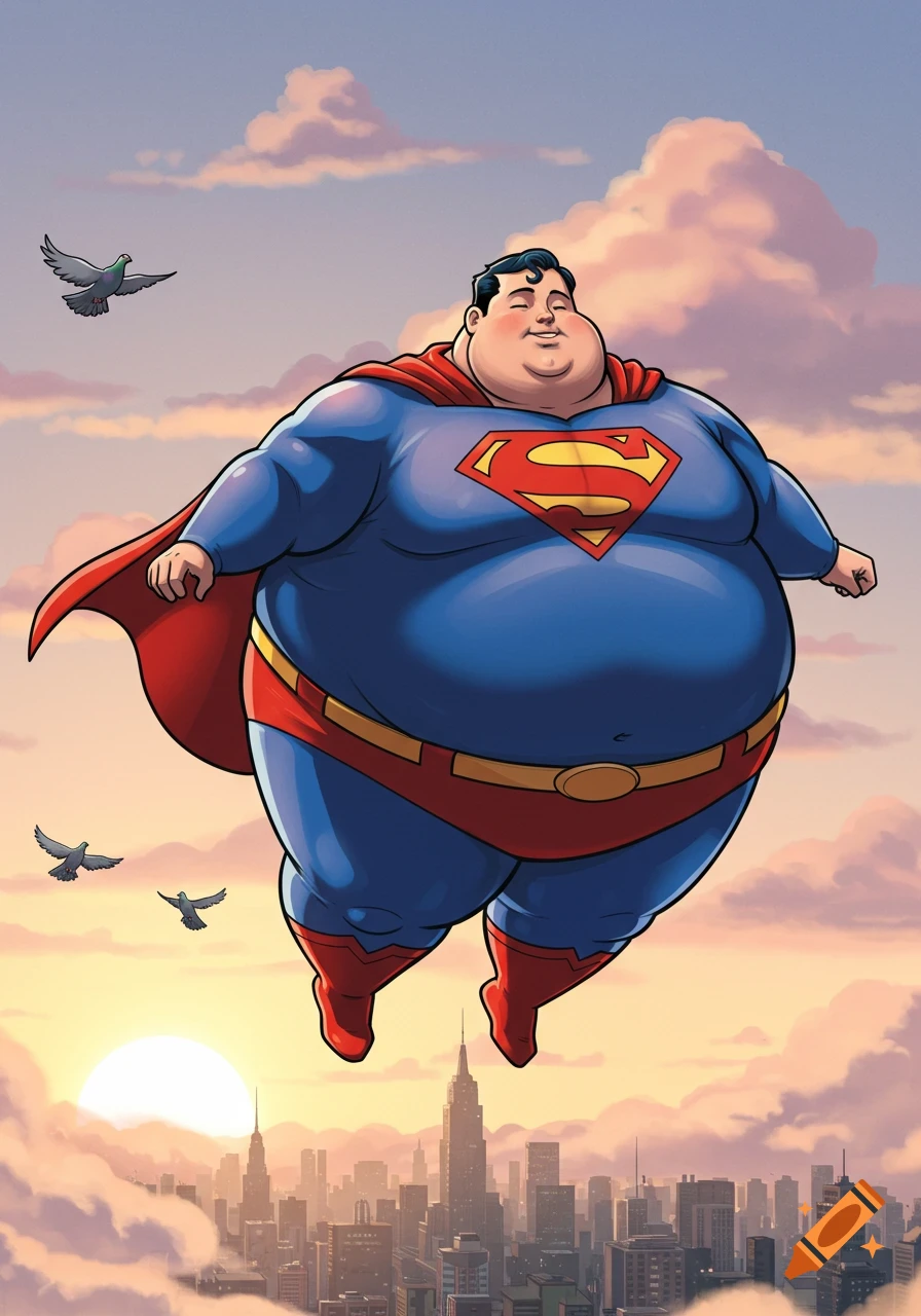 An illustration depicts a very obese Superman flying high above a city skyline during sunset, with birds soaring around him.