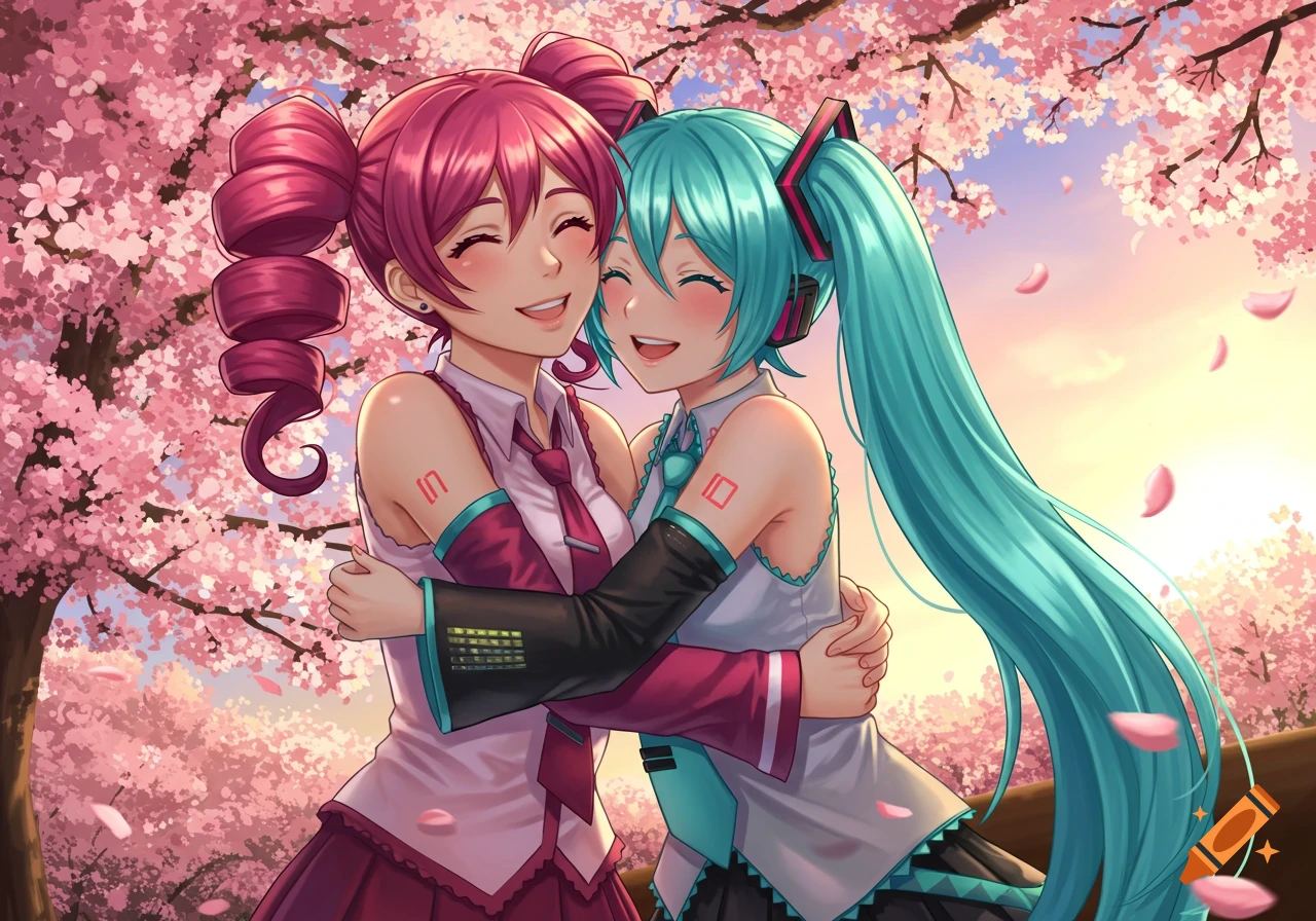 Kasane Teto and Hatsune Miku, two anime characters, hugging under a blooming cherry blossom tree with pink petals falling.