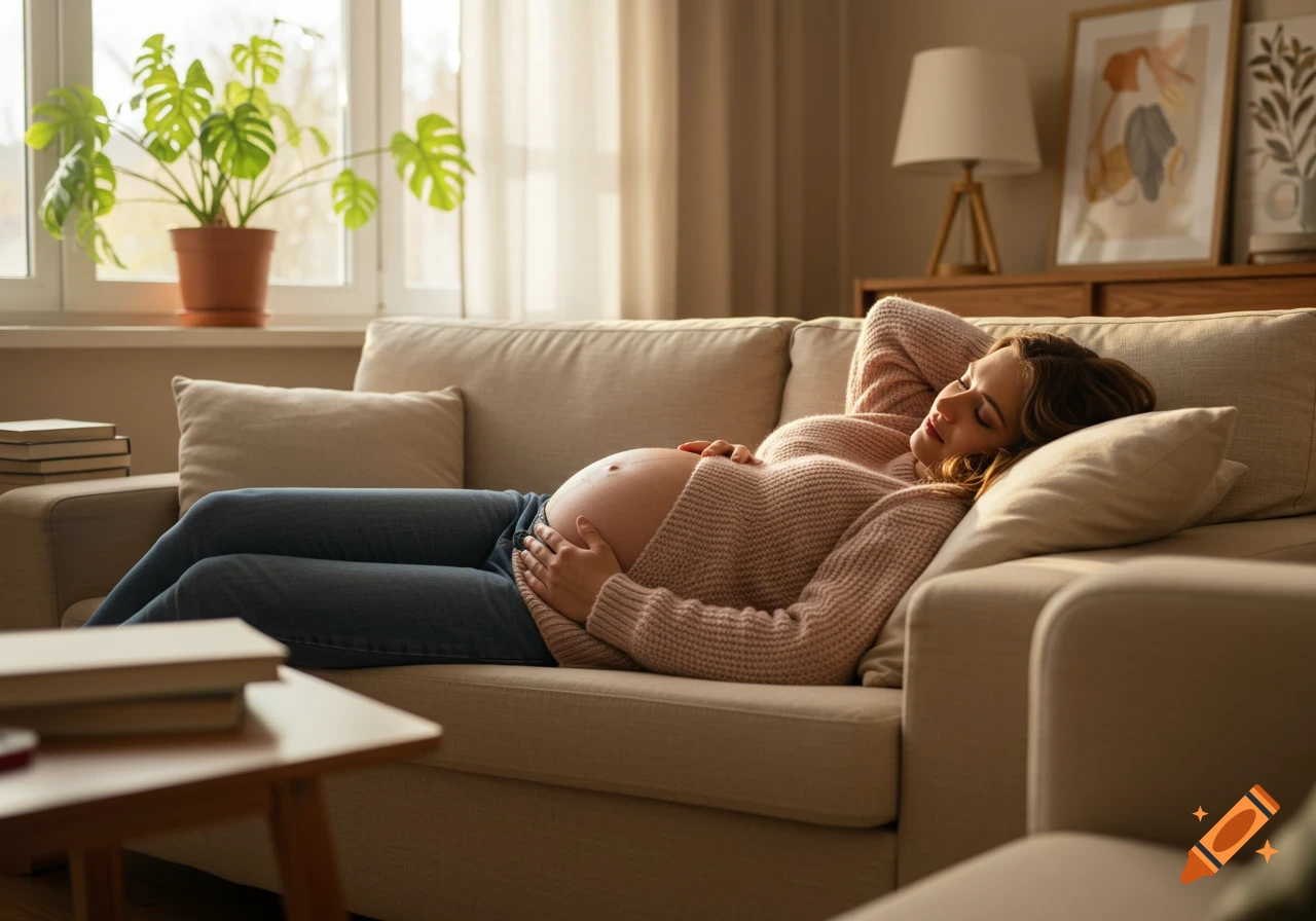 A pregnant woman in a pink sweater rests comfortably on a beige couch, holding her belly, bathed in sunlight from a window.
