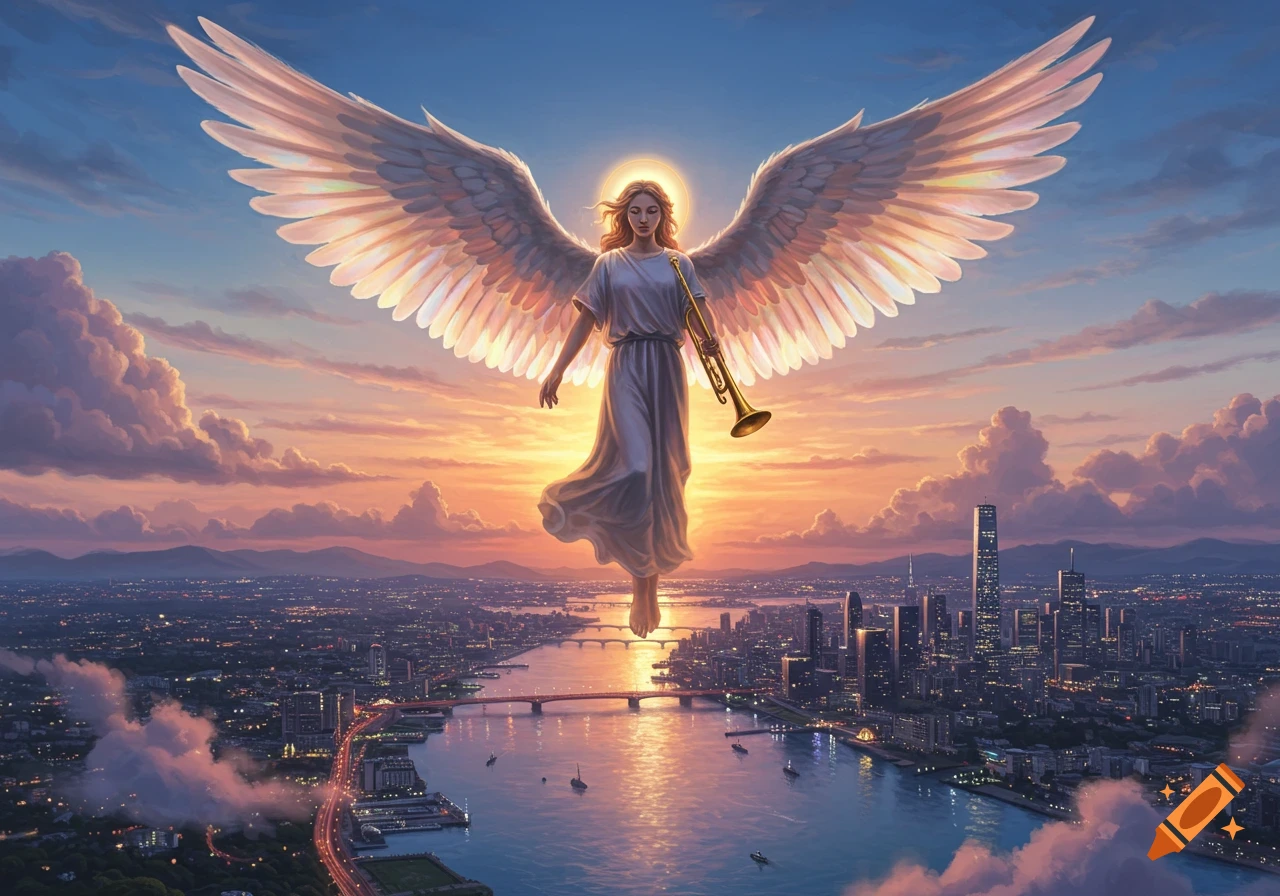 A majestic angel with large wings and a trumpet floats above a sprawling cityscape during sunset.