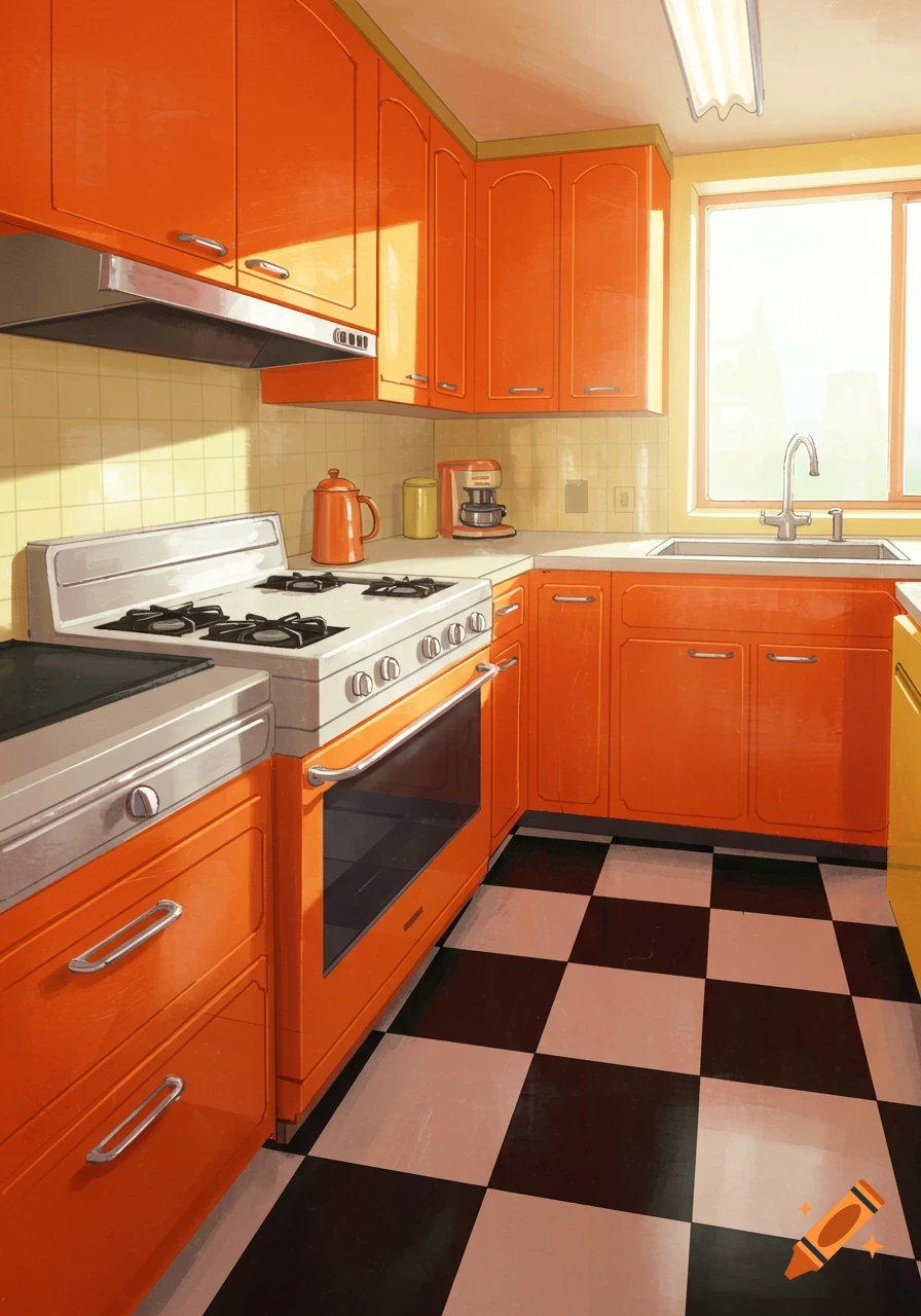A retro kitchen with bright orange cabinets, yellow countertops, and a black and white checkerboard floor, featuring a stove, oven, and sink.