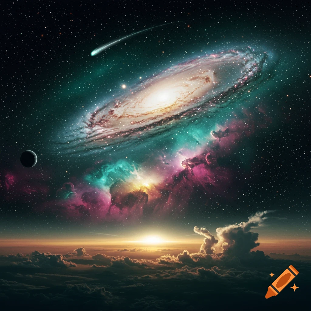 A vibrant cosmic landscape with a spiral galaxy and colorful nebulae above a cloud-covered horizon at sunset, featuring a planet and a comet.