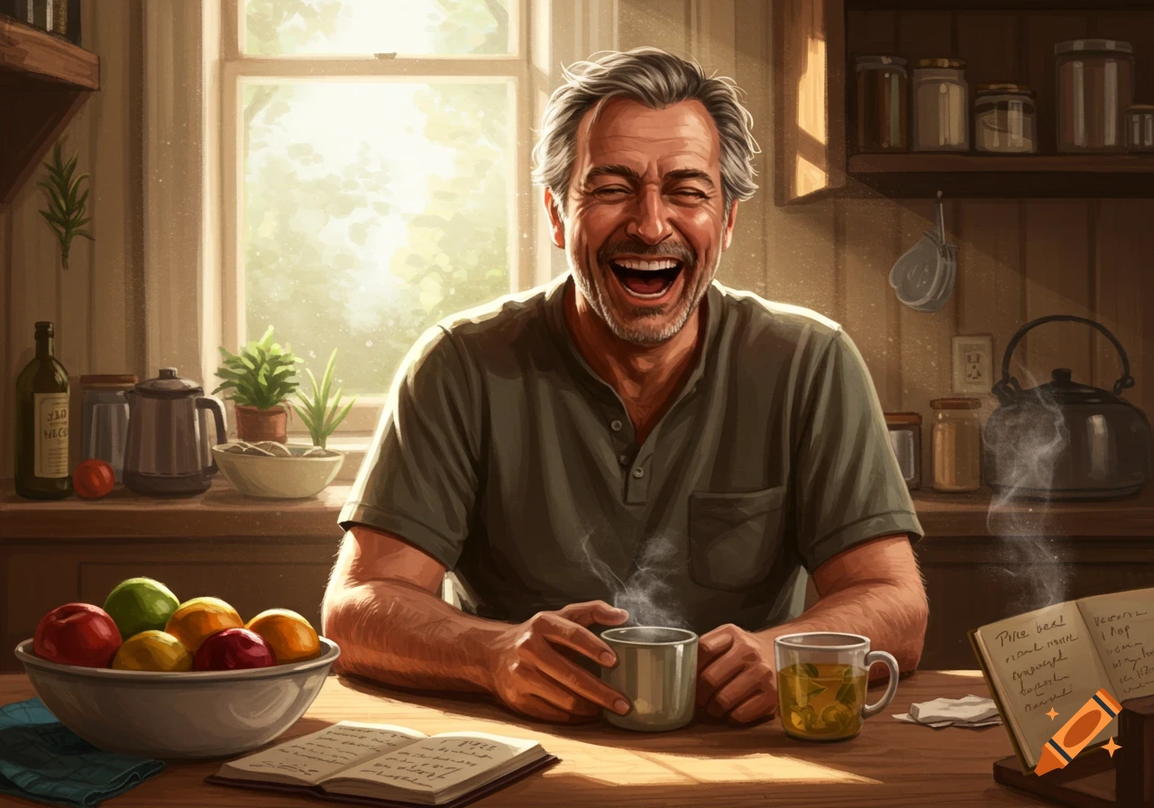 A middle-aged man with gray hair laughs heartily while holding a steaming mug in a sunlit kitchen. A bowl of fruit and an open book are on the table.