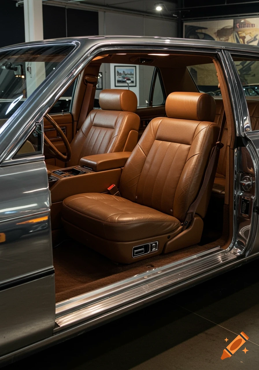 Close-up of a luxurious car interior with brown leather seats, dashboard, and chrome details.