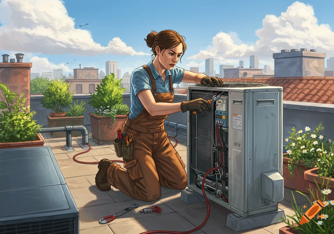 A focused woman in brown overalls and gloves repairs an air conditioning unit on a sunny rooftop, with city buildings in the background, in an illustrated style.