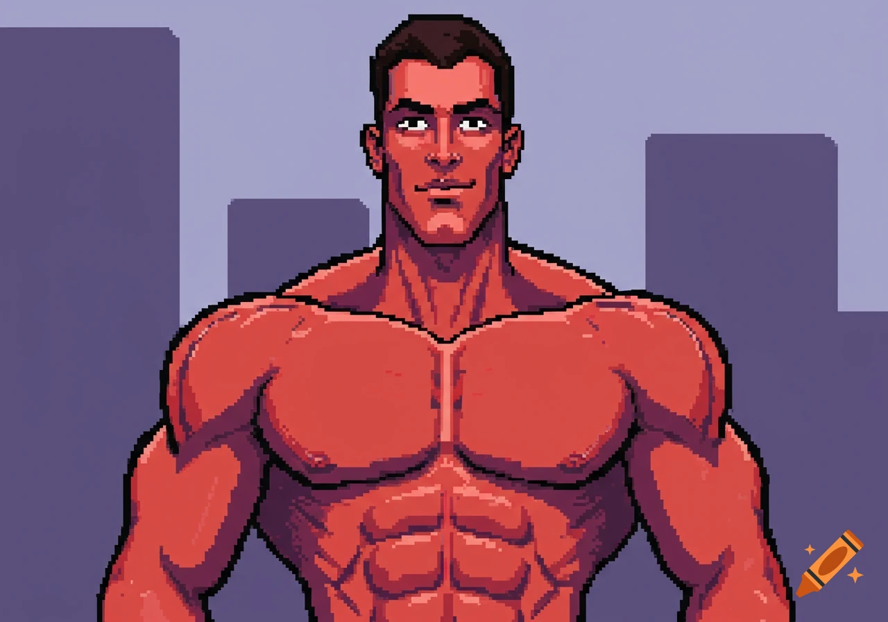 Pixel art illustration of a very muscular man with dark hair and a red-toned body, against a simple purple background.