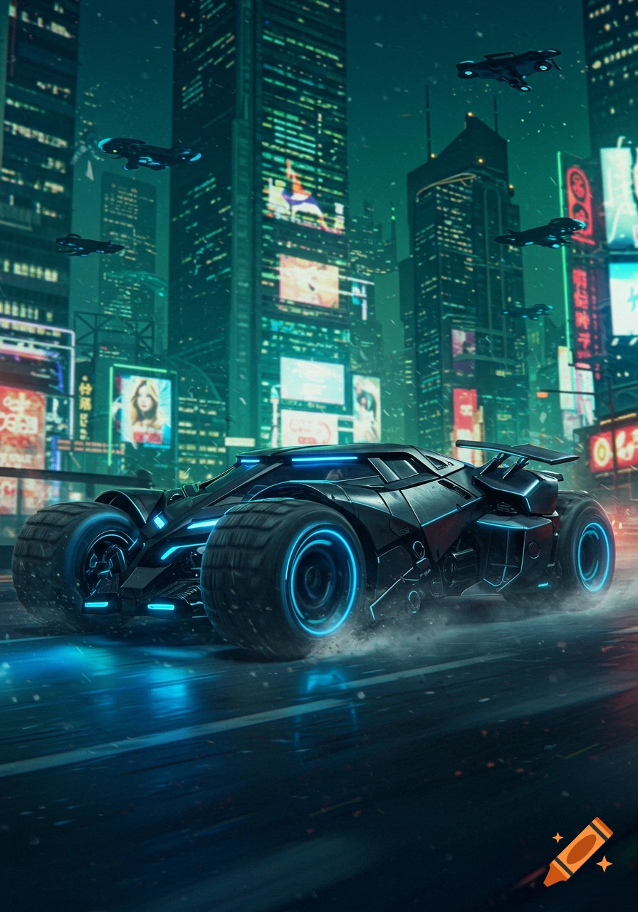A sleek, black futuristic car with glowing blue accents drives on a wet street in a neon-lit cyberpunk city, with flying vehicles in the sky.