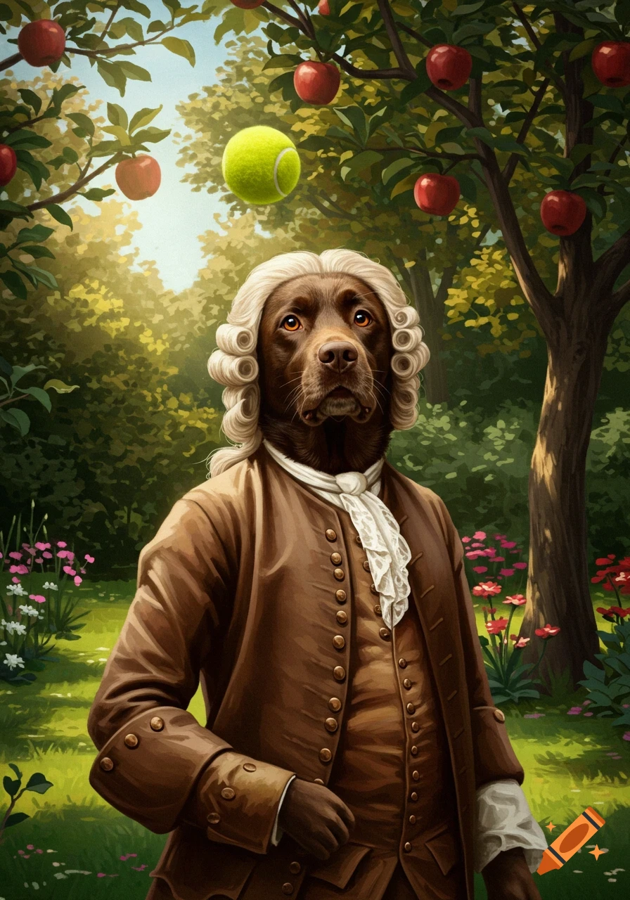 A chocolate Labrador in a white wig and brown 18th-century suit stands in a garden with apples and a tennis ball falling from a tree.