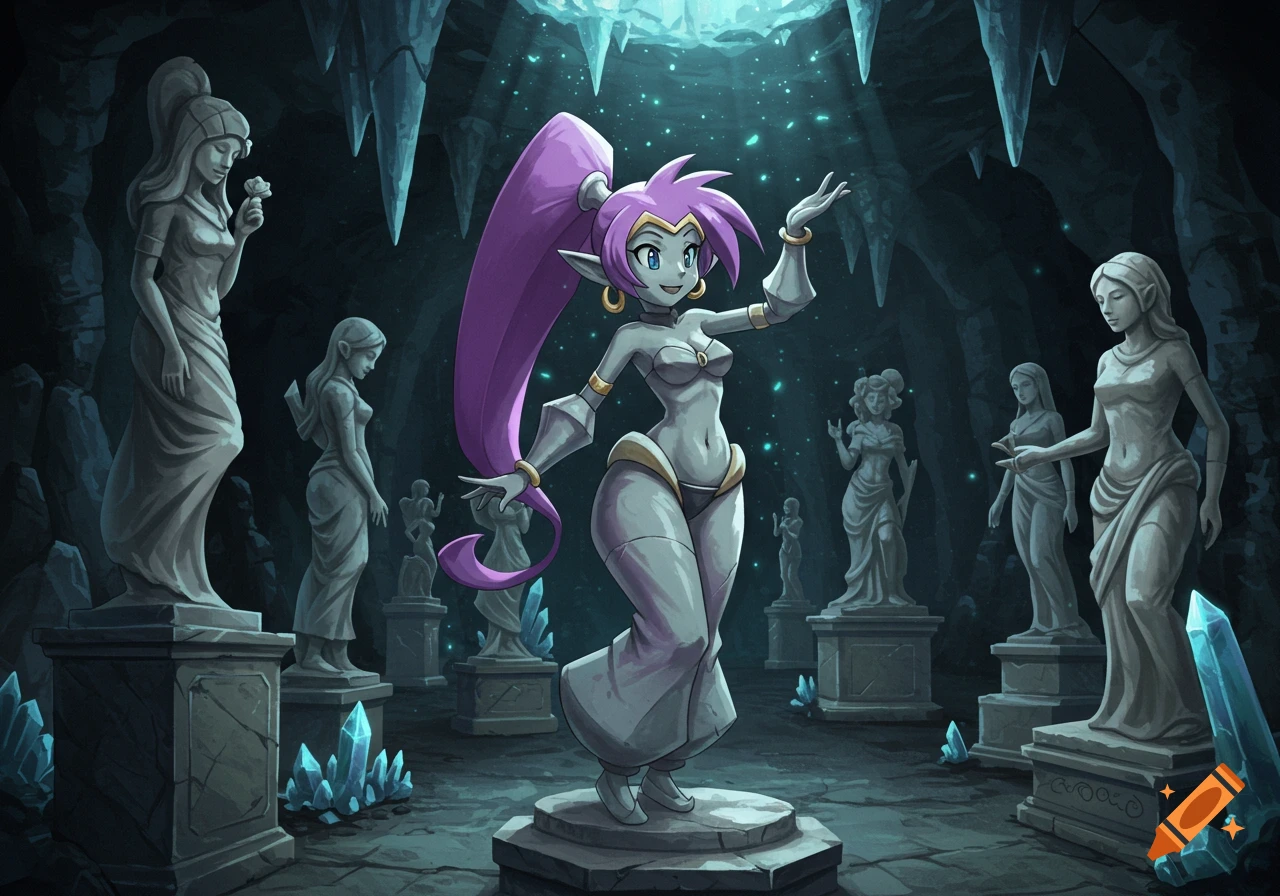 A cartoonish statue of Shantae with purple hair, standing in a dark cave surrounded by other female statues and glowing blue crystals.