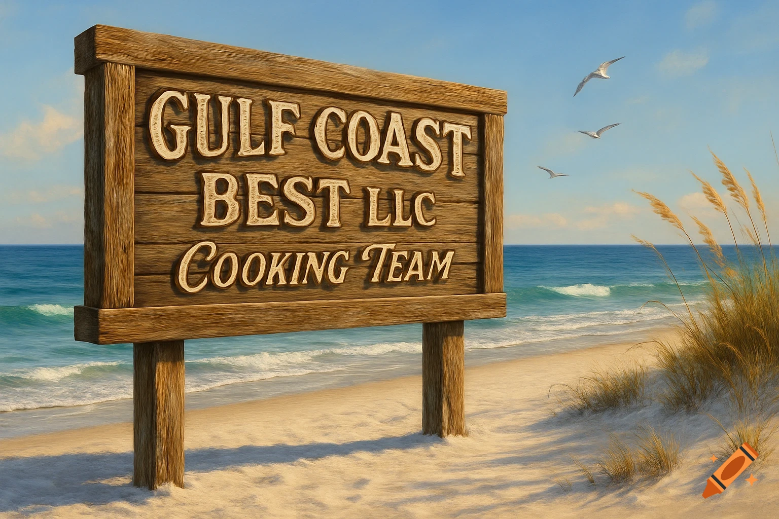 A rustic wooden sign with "GULF COAST BEST LLC COOKING TEAM" stands on a white sand beach beside the ocean under a clear sky.