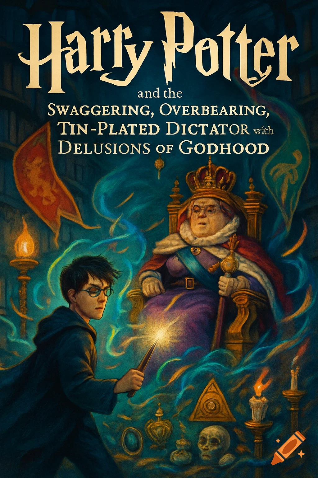 A colorful fantasy book cover depicts Harry Potter with a glowing wand facing a stern queen on a throne, with swirling magic and mystical objects.