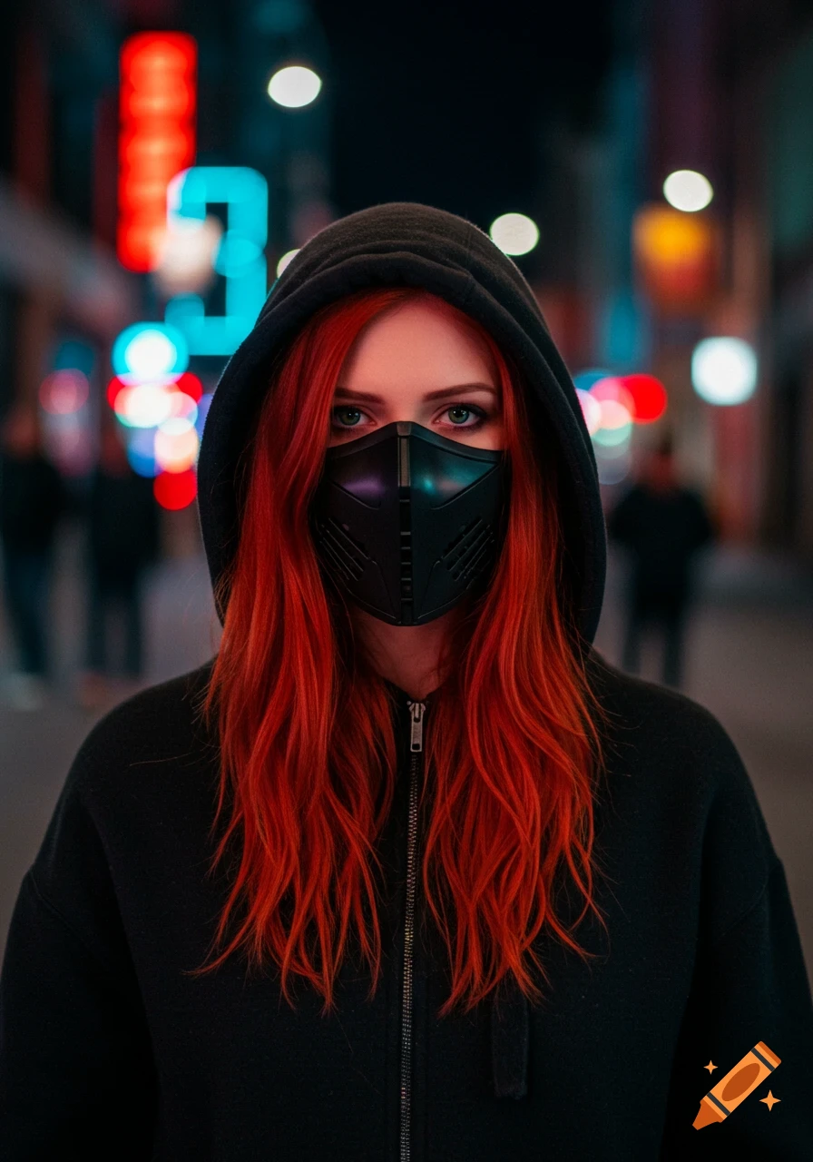 A woman with vibrant red hair and striking blue eyes wears a black hoodie and a futuristic black mask, standing in a vibrant, blurry city street at night.