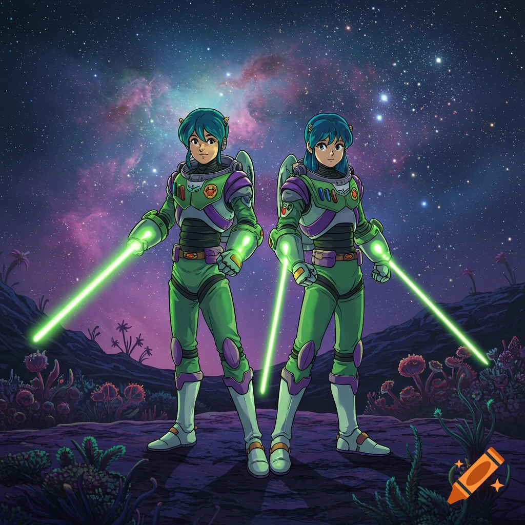 Two anime-style characters in green and purple Buzz Lightyear-like space suits holding green light sabers on an alien planet under a starry, cosmic sky.