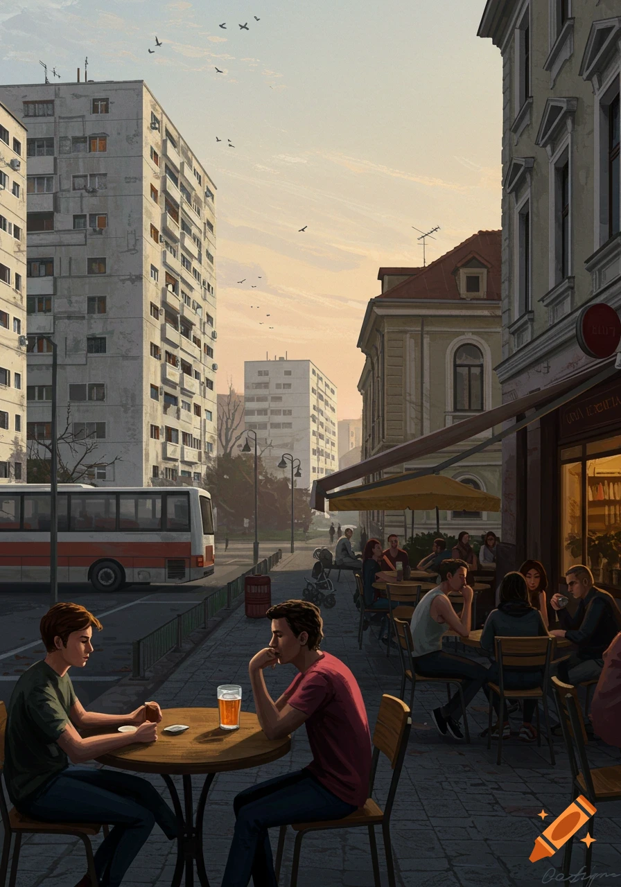 An illustration of a European street scene with a cafe, featuring people sitting outdoors at tables and large apartment buildings in the background.