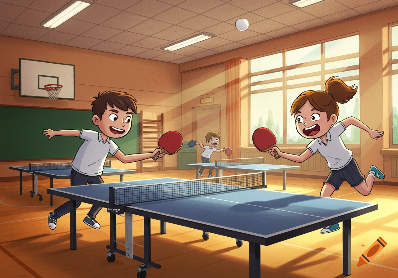 Vibrant cartoon of two enthusiastic students playing table tennis in a bright school gym, with another student in the background.